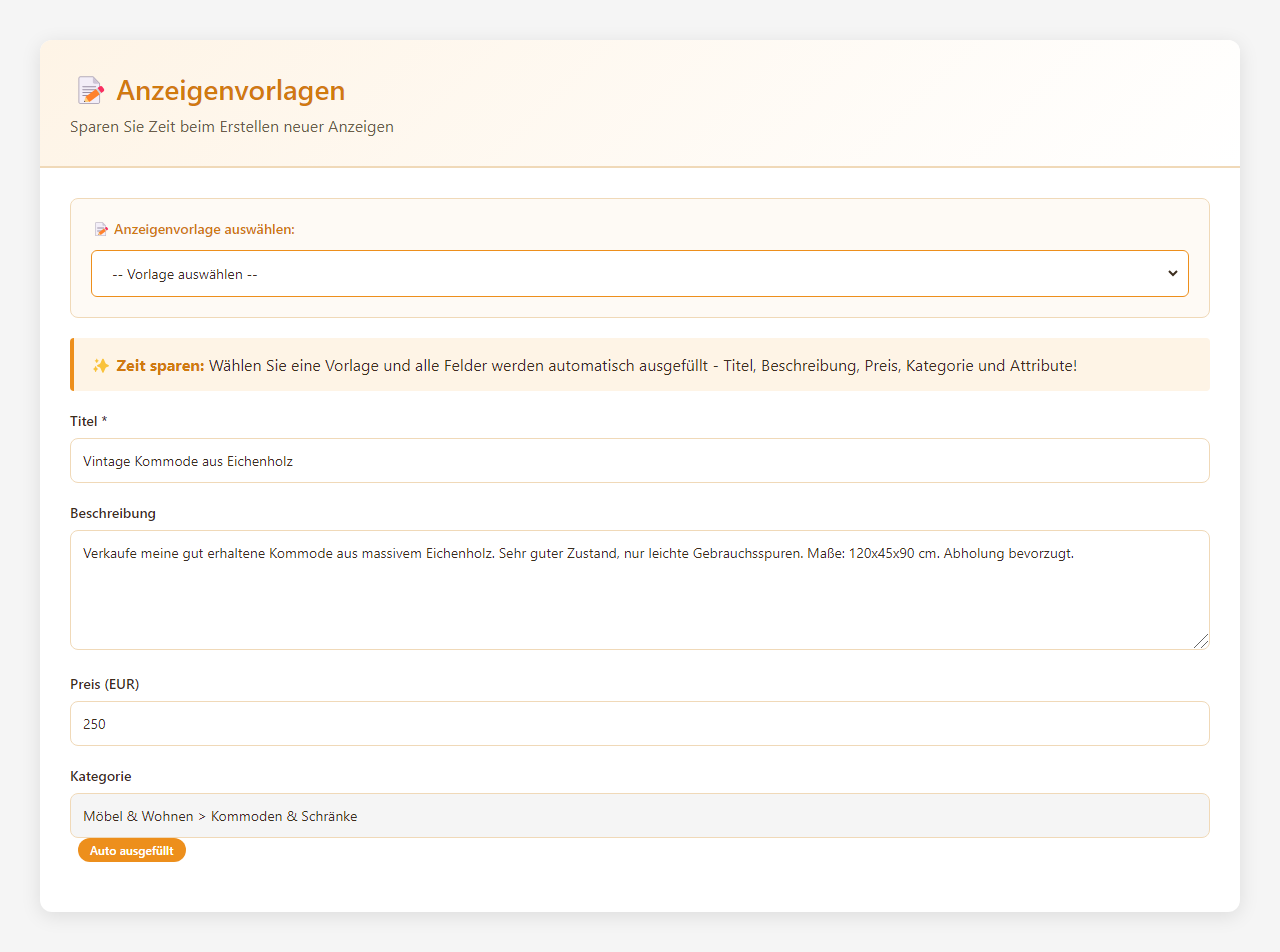 Produktdemo einer Anzeigenvorlage mit automatisch ausgefüllten Feldern