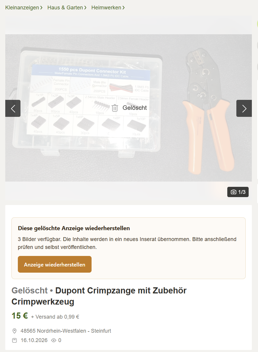 Gelöschte Kleinanzeigen-Anzeige mit dem Powertools-Button „Anzeige wiederherstellen“ und dem Hinweis „3 Bilder verfügbar“.