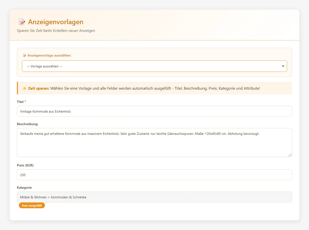 Produktdemo einer Anzeigenvorlage mit automatisch ausgefüllten Feldern