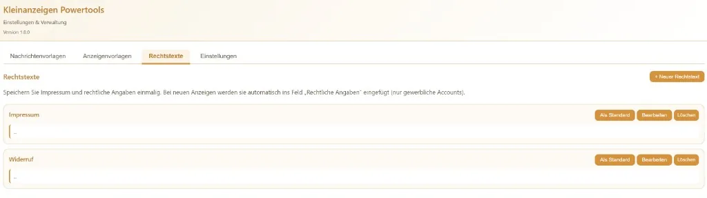 Rechtstexte in den Powertools-Einstellungen: Impressum und Widerruf speichern, bearbeiten und als Standard setzen