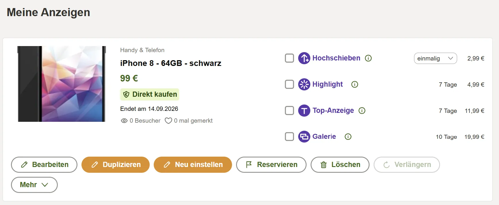 Einzelne Anzeige in Meine Anzeigen mit den zusätzlichen Schaltflächen Duplizieren und Neu einstellen